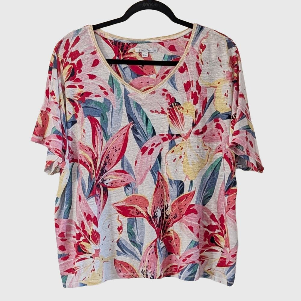 Chico's 100% Linen Tropical Floral Top Size 3 (US XL) Pink Gold Neckline